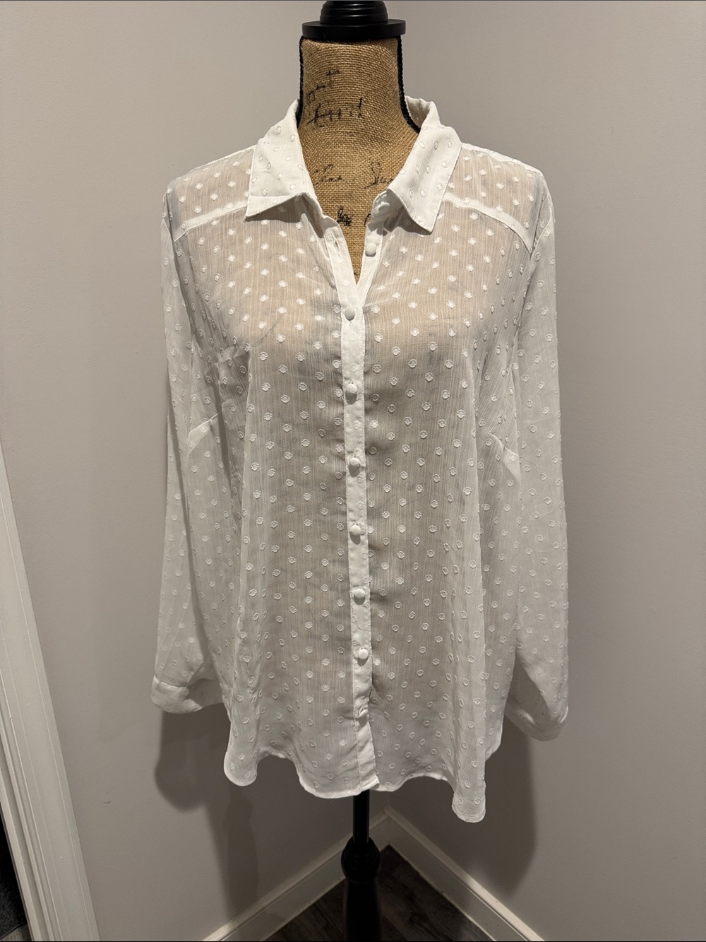 Torrid Sheer White Button-Down Swiss Dot Blouse